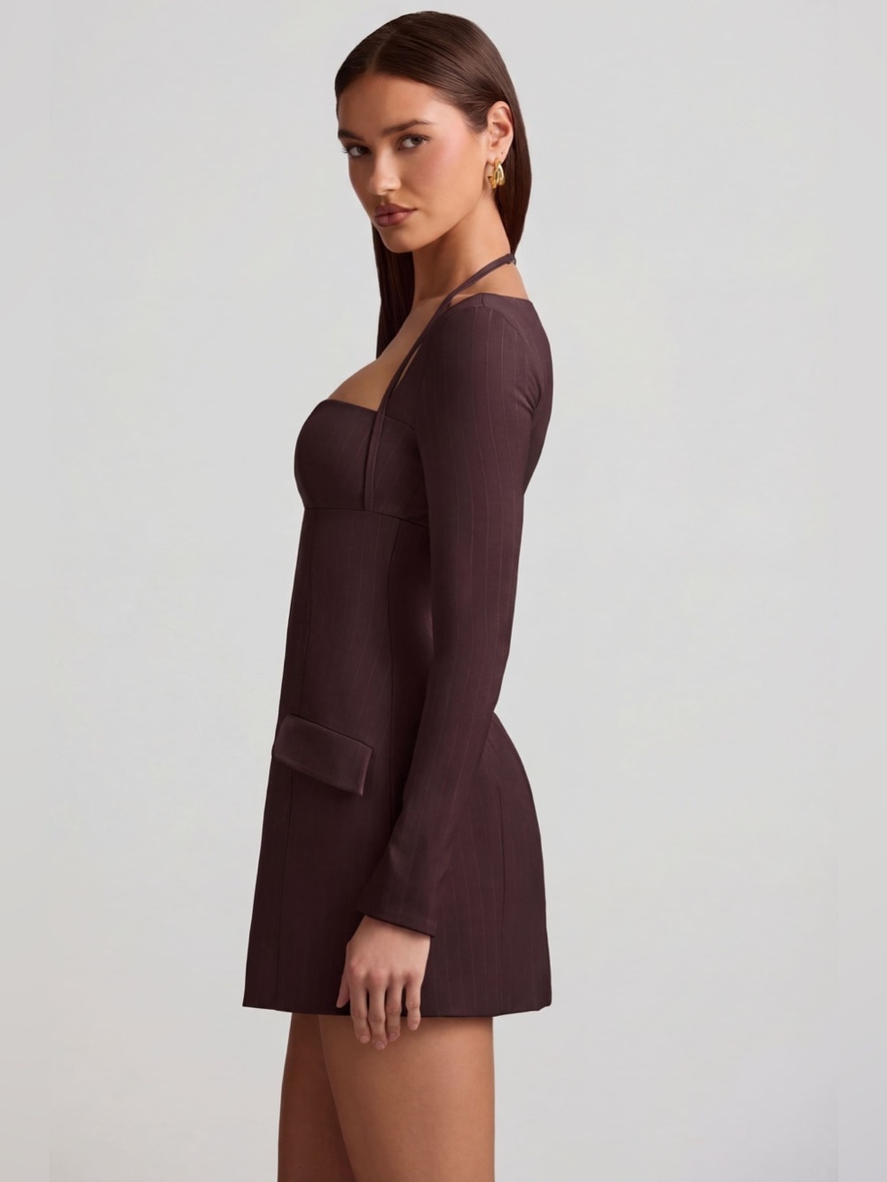 Oh Polly Ksenia Chocolate Brown Pinstripe A-Line Mini Dress UK 8 - Picture 4 of 11